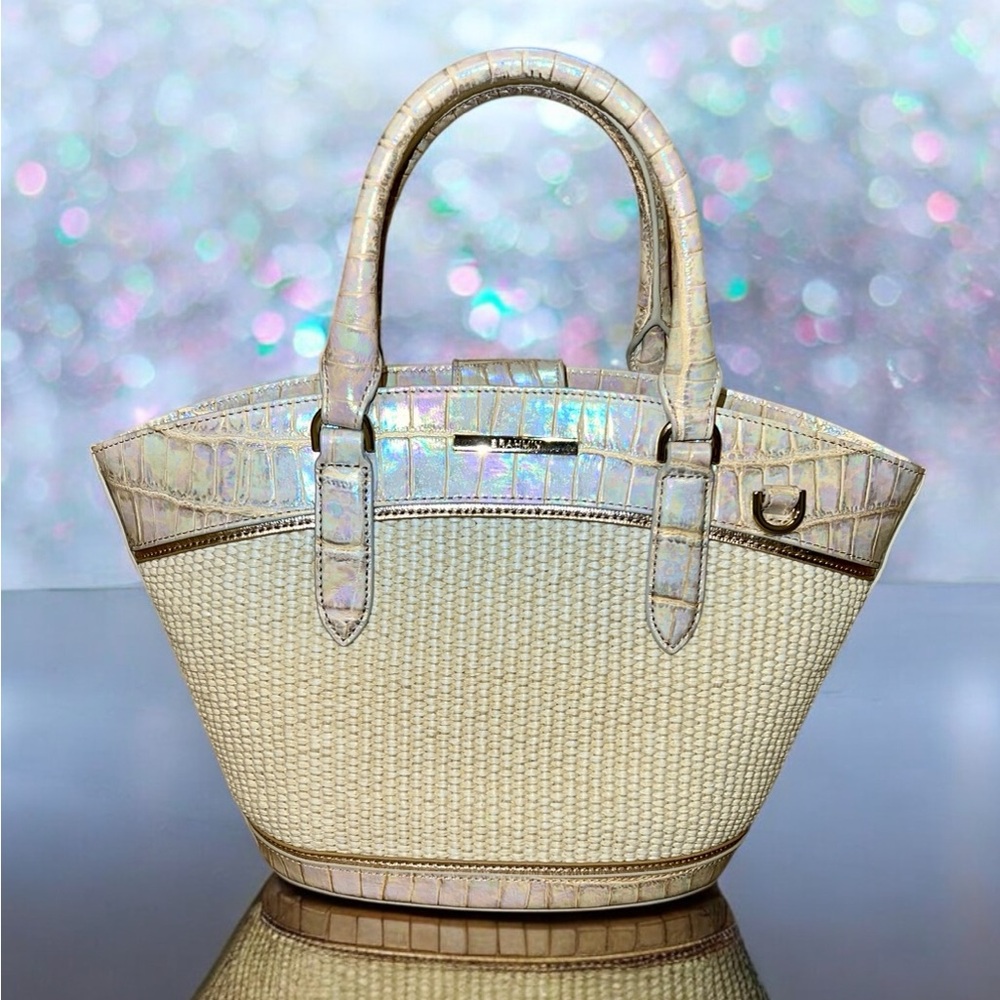 NWT Brahmin Leather & Woven JENNY Tote, Iridescent Tiramisu Manava